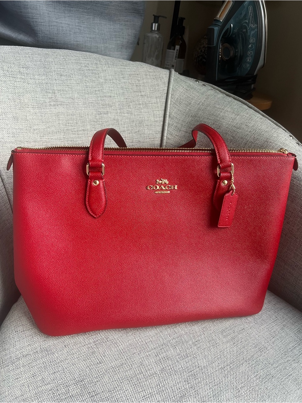 Coach Red Leather Tote with Gold Accents